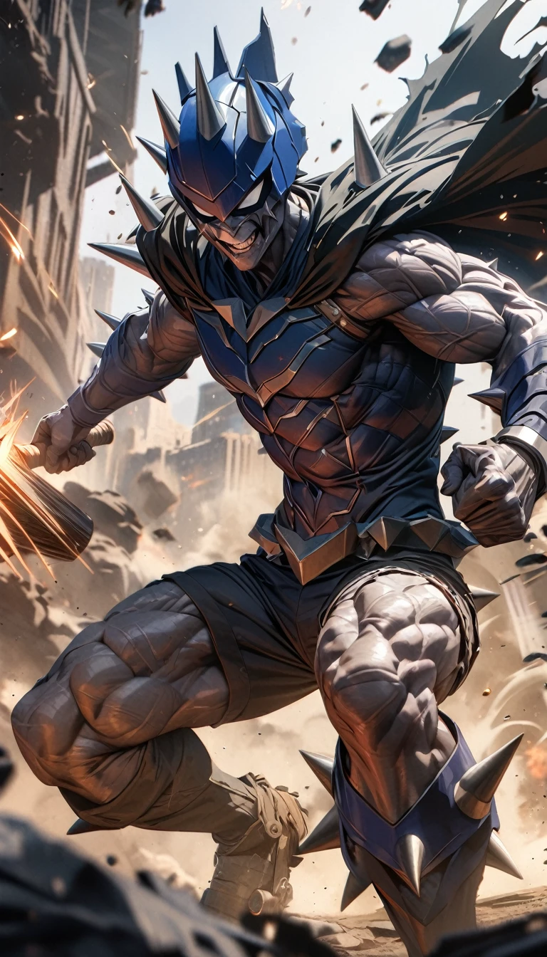 Adult guy, muscles, stone skin, dark blue superhero form, sleeveless, ripped cape, spike superhero form, superhero helmet, super speed, hammer, Masterpiece, best quality, Full HD, 8k, ultra details, great graphic