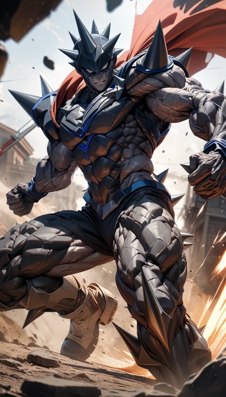 Adult guy, muscles, stone skin, dark blue superhero form, sleeveless, ripped cape, spike superhero form, superhero helmet, super speed, hammer, Masterpiece, best quality, Full HD, 8k, ultra details, great graphic