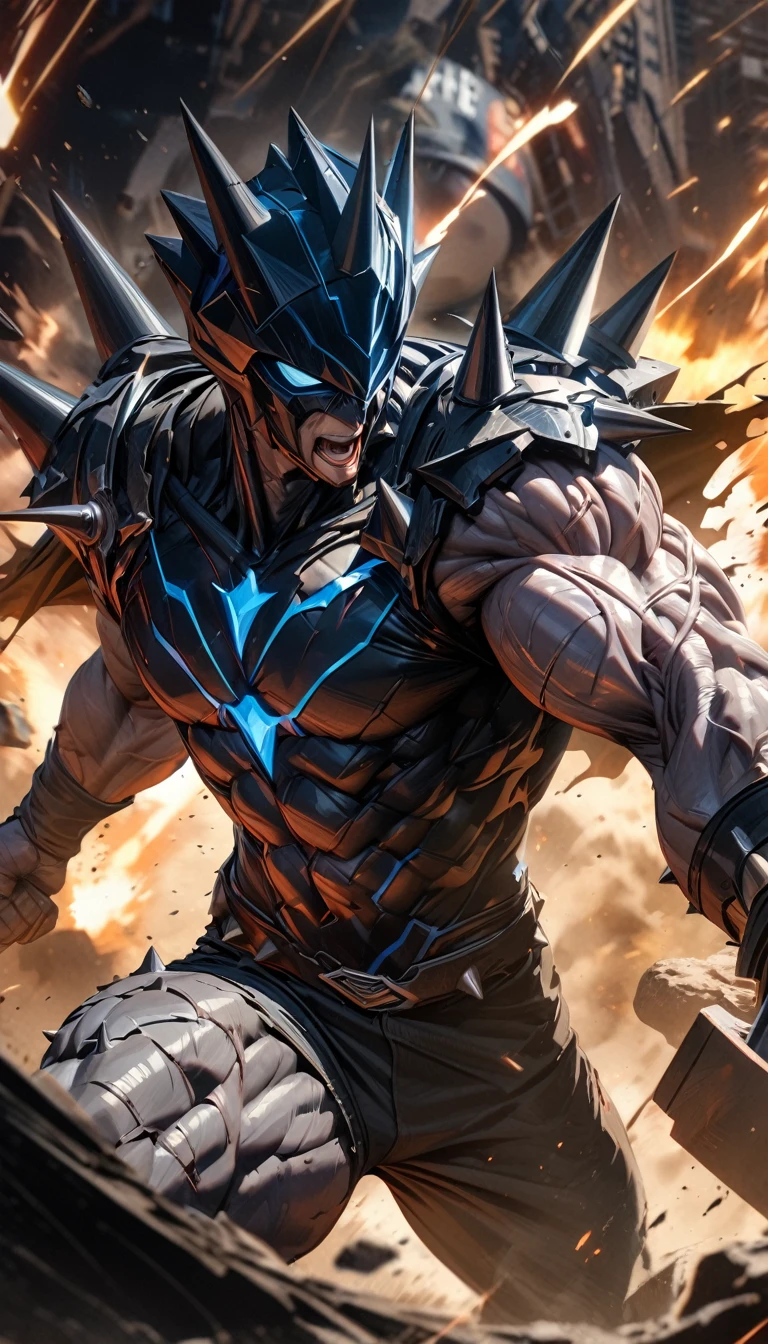 Adult guy, muscles, stone skin, dark blue superhero form, sleeveless, ripped cape, spike superhero form, superhero helmet, super speed, hammer, Masterpiece, best quality, Full HD, 8k, ultra details, great graphic