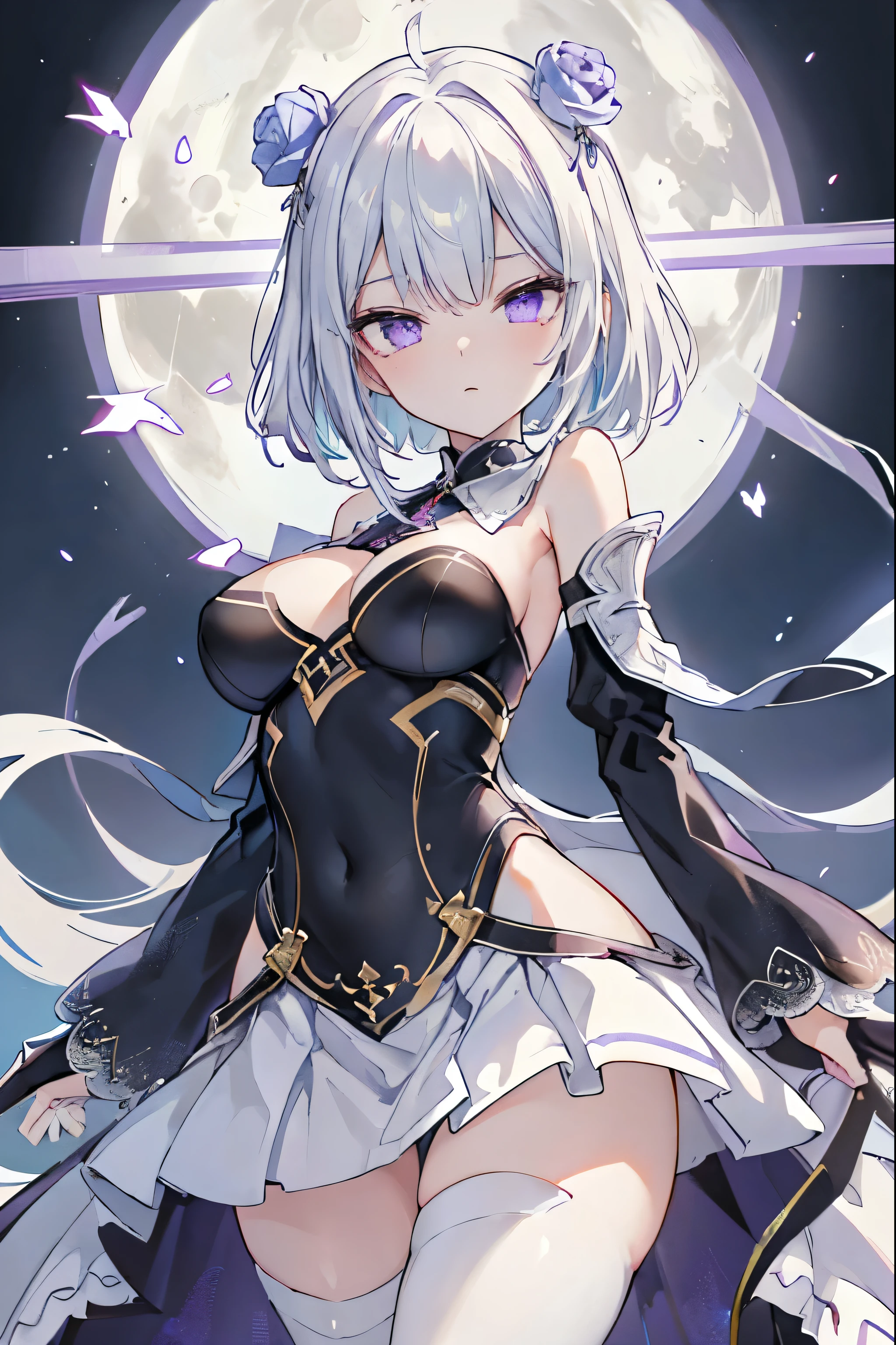 1girl, anime, cute girl, blank background, white background, fantasy, detailed fantasy dress with highlights, beautiful face, beautiful eyes, dark colors, black hair with multicolor streaks, red eye with different color pupil in eye, multicolor eye, medium breasts, slight cleavage, beautiful skin, cute, breast curtains, extremely delicate and beautiful, (beautiful detailed face:1.0), (detailed deep eyes), symmetrical breasts, deep eyes, shiny skin, portrait, slender waist, hips wider than shoulders, thighs, expressionless, young girl, luminous eyes, adorable，（Kpop idol）,（aegyo sal：1），（Platinum blonde hair：1），（（puffy eye）），Black panty，sexy posture，Superskirt, Ultra-high resolution，Black collar，slim figure, Abdominal y tattoo, womb tattoo，Tight-fitting leg ring，y tattoo on half-body，Bare skin, Armored hand，Hidden fingertips，Hand covered，Arm covered，Fist covered,{{beautiful detailed fingers}}, tufts of hair, moderate beautiful breast:1.0,(masterpiece:1.2), best quality, high-res, HDR, perfect face, intricate armor, delicate blue filigree, intricate filigree, red metalic parts, detailed part, dynamic pose, dynamic lights, cute face, neutral expression, shuimobysim, lotus, Hanfu, maxi skirt, dress conservatively 1girl, solo, long blue hair, standing, One lady,ars,((White hair) ,(Shiny purple bodysuit with microskirt),((Fantasy, Moon Night)), gradient_eyes,