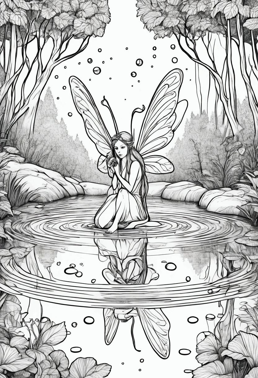 A fairy playing with her reflection in a crystal-clear forest pond. clean line art, white background, colouring page, clean outline,