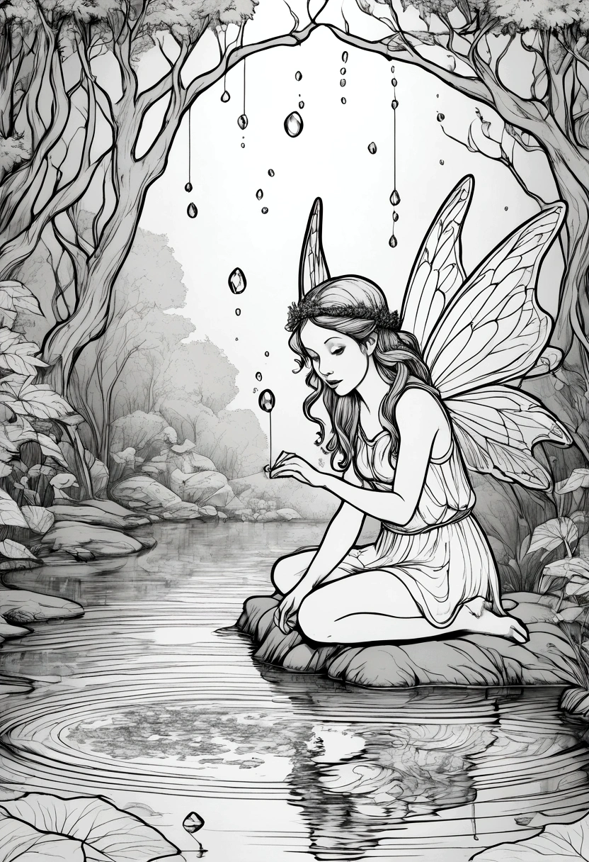 A fairy playing with her reflection in a crystal-clear forest pond. clean line art, white background, colouring page, clean outline,