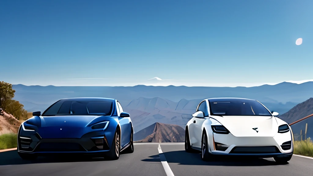 Two Teslas racing on a mountain road
