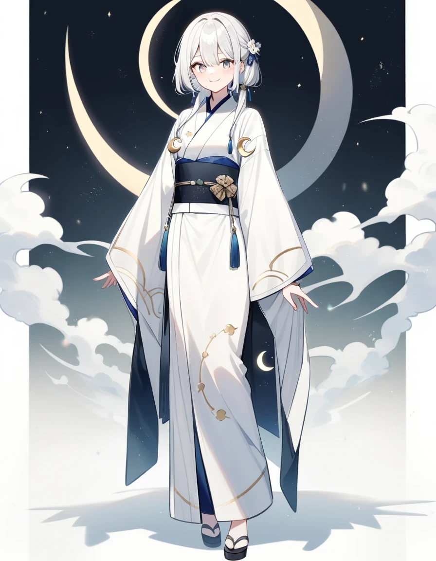 22 years old, beautiful, White Hair, Crescent moon motif, whole body, White kimono, simple, smile