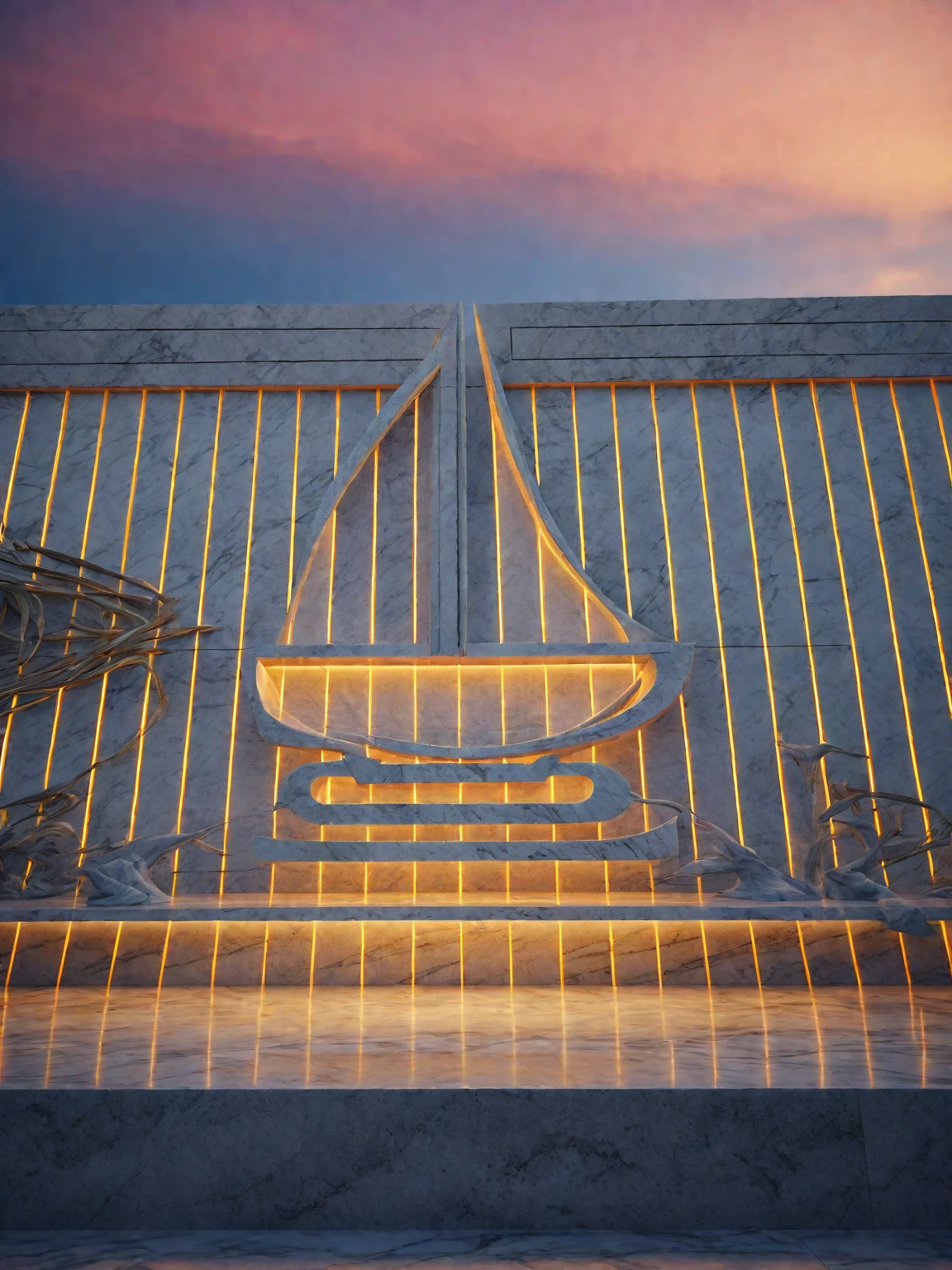 Exterior nameplate, two upper sails made of marble, middle block made of marble, step base made of concrete, running LED lights below, at sunset, realistic image, high quality, ultra hd,