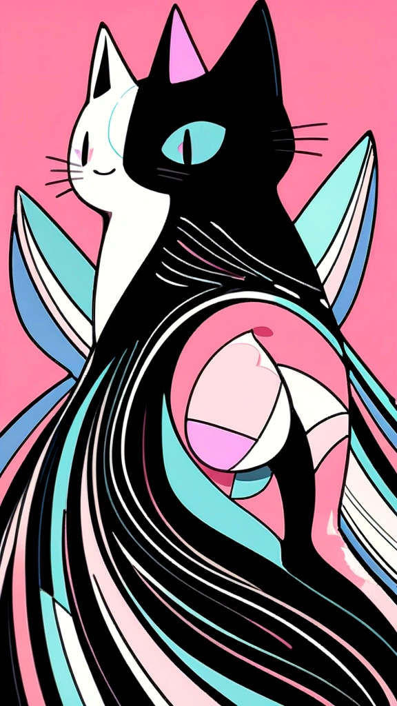 Cat in art, Main color Black, Secondary color cyan, Pastel pink background, artistic, Sophisticated, Warm style, Shapes include abstract cats, Playful forms, Elegant piece, Textures include fur textures, Smooth paint, Fabric texture, The lines contain graceful lines, Natural curves, Delicate silhouette, The shape is elegant, approachable, Expressive, Aesthetic.
