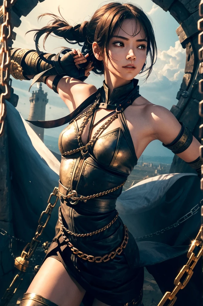 a warrior girl jump off with hand hold a chains to the air from tower, perfect face, face detailed, upper down view, energytic, powerfull, bravery, blade