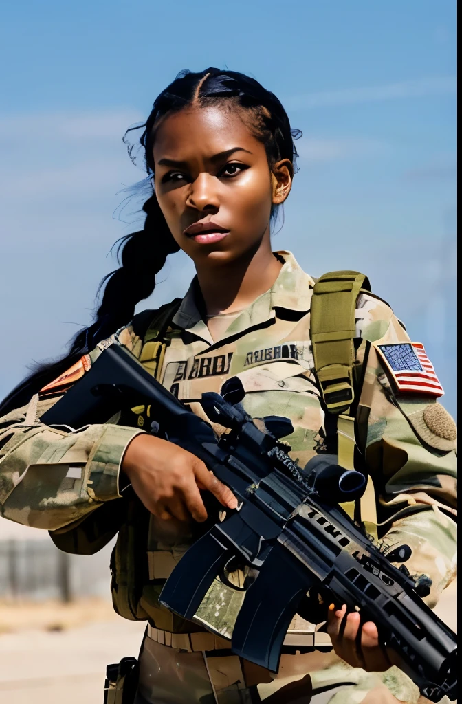 Multiple black women,20th Generation,Blonde,Dark Skin,Army Corps,With an assault rifle,U.S. military bases,Braid,Serious face,military,Cowboy Shot,