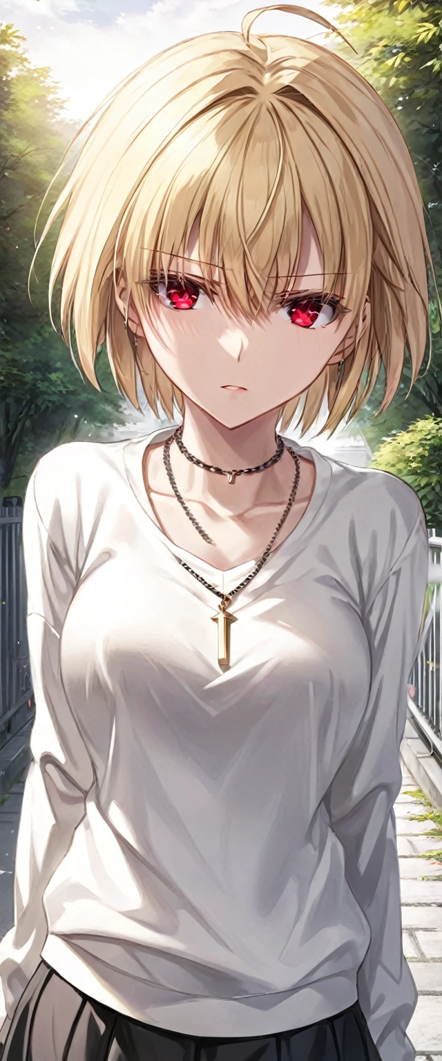 masterpiece,best quality,Arcueid,ruby eyes, ruby eyes,short hair, blonde hair ,1girl, white sweater, solo,looking at viewer, black skirt,hair between eyes,breasts,outdoors, chain necklace, fang, angry, black tights, long nails, full body