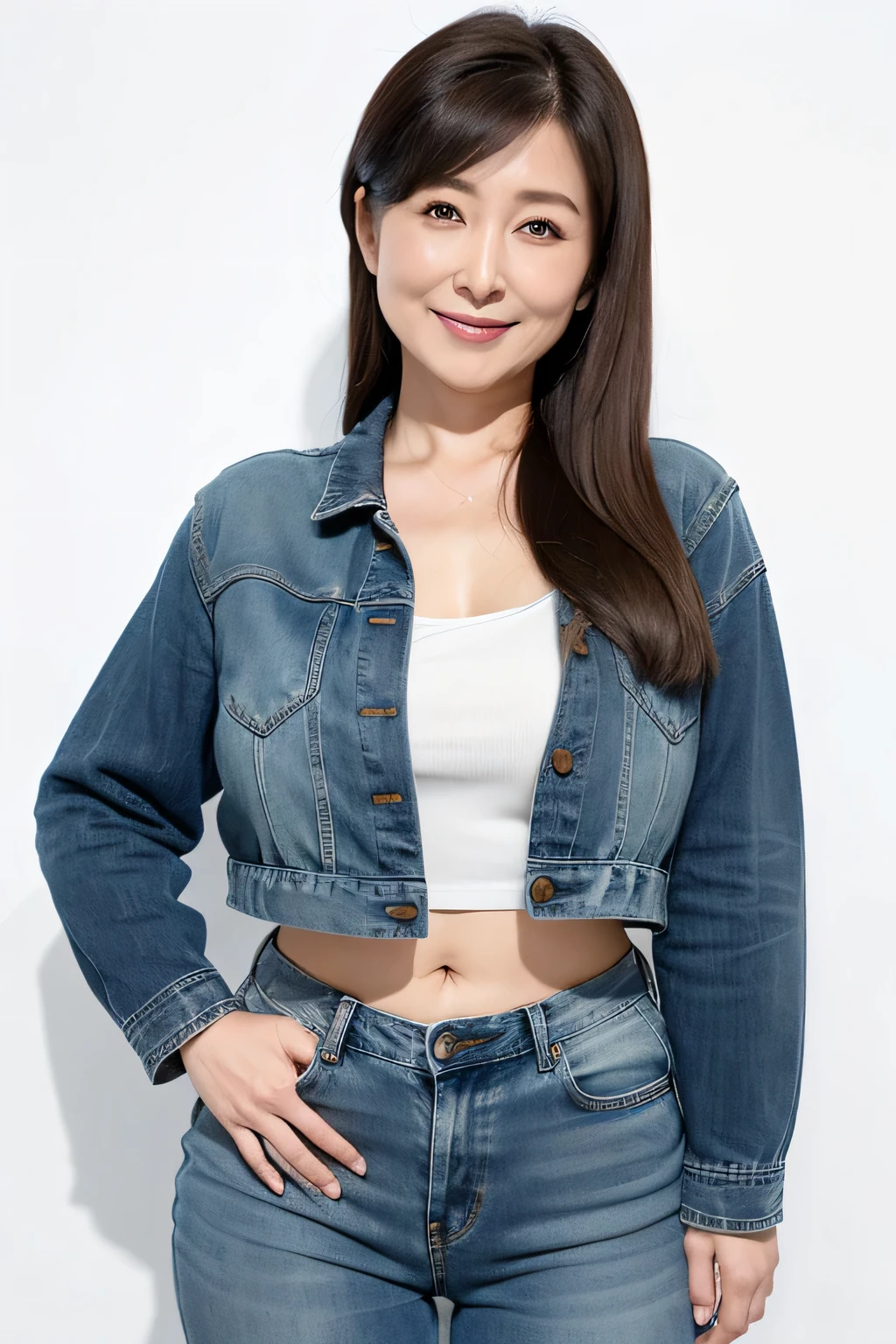 White background、Realistic(masterpiece、Highest quality)、Long Hair Woman、Hair color is dark brown、Japanese mature woman、smile、whole body、Large Breasts、Emphasize the chest、tops、Denim jeans、Belly button showing、45-year-old woman、Mature Woman、Pure white background