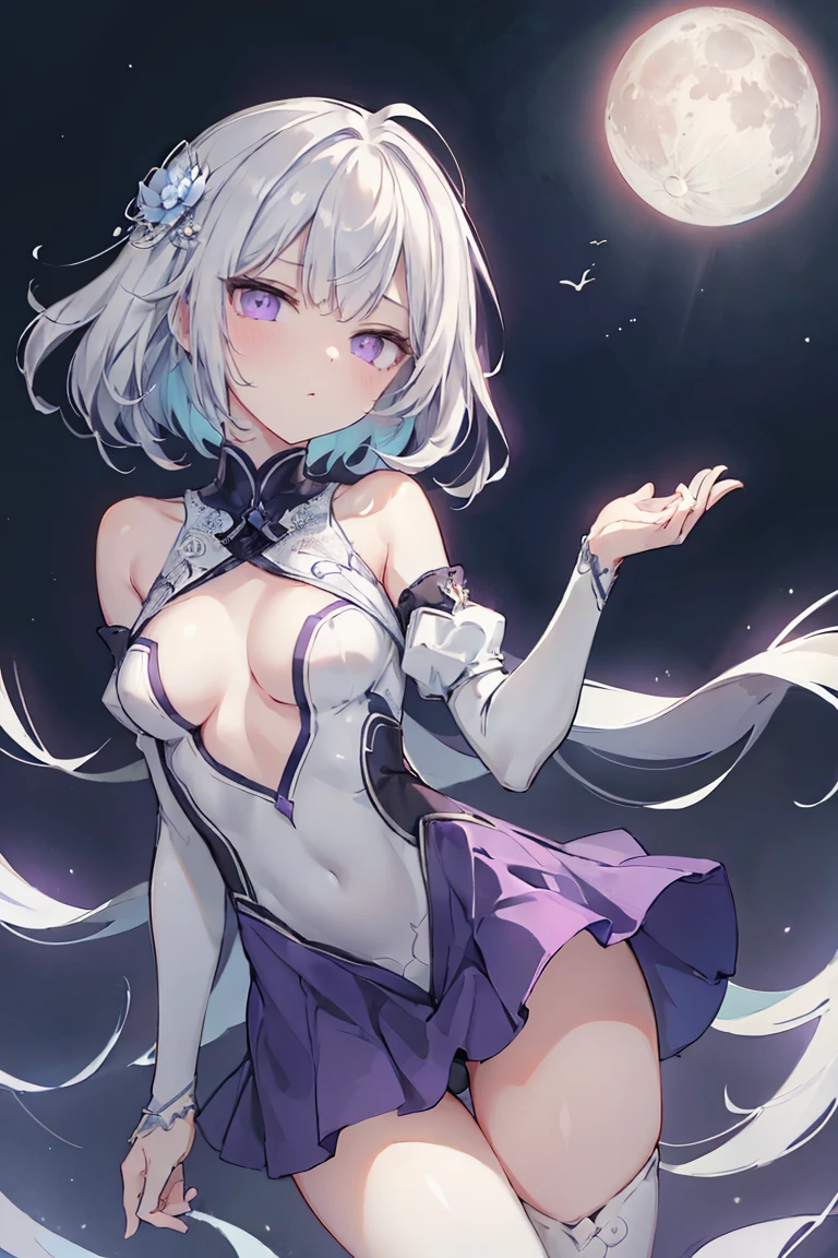 1girl, アニメ, cute girl, blank background, white background, fantasy, detailed fantasy dress with highlights, beautiful face, beautiful eyes, dark colors, black hair with multicolor streaks, red eye with different color pupil in eye, multicolor eye, medium breasts, slight cleavage, beautiful skin, cute, breast curtains, extremely delicate and beautiful, (beautiful detailed face:1.0), (detailed deep eyes), symmetrical breasts, deep eyes, shiny skin, portrait, slender waist, hips wider than shoulders, thighs, expressionless, young girl, luminous eyes, adorable，（Kpop idol）,（aegyo sal：1），（Platinum blonde hair：1），（（puffy eye）），Black panty，sexy posture，Superskirt, Ultra-high resolution，Black collar，slim figure, Abdominal y tattoo, womb tattoo，Tight-fitting leg ring，y tattoo on half-body，Bare skin, Armored hand，Hidden fingertips，Hand covered，Arm covered，Fist covered,{{beautiful detailed fingers}}, tufts of hair, moderate beautiful breast:1.0,(masterpiece:1.2), best quality, high-res, HDR, perfect face, intricate armor, delicate blue filigree, intricate filigree, red metalic parts, detailed part, dynamic pose, dynamic lights, cute face, neutral expression, shuimobysim, lotus, Hanfu, maxi skirt, dress conservatively 1girl, 独奏, long blue hair, standing, One lady,14years,((White hair) ,(Shiny purple bodysuit with microskirt),((Fantasy, Moon Night)), gradient_eyes,