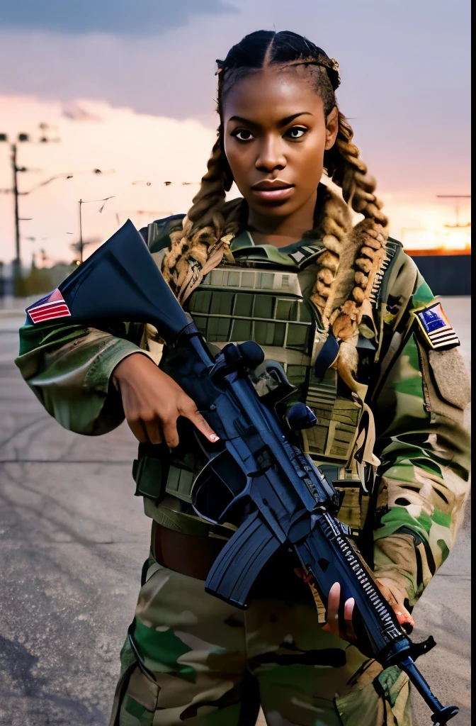 Multiple black women,20th Generation,Blonde,Dark Skin,Army Corps,With an assault rifle,U.S. military bases,Braid,Serious face,military,Cowboy Shot,