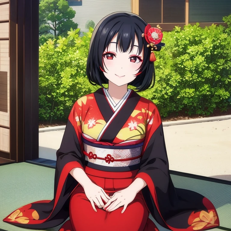 Geisha, geisha make up, light smile, red lips, kimono, red eyeshadow, black hair, black eyes, sit on tatami