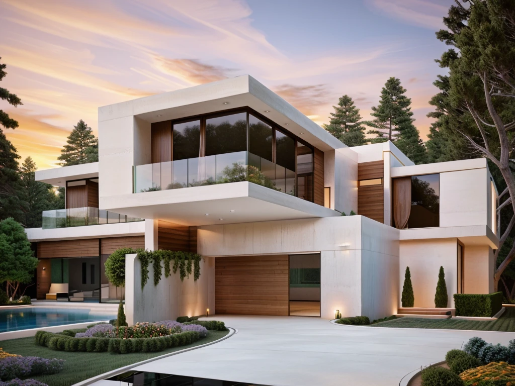 The MODERN HOUSE is located on the upper hill, (curly pathway in front of the house), white wall, concrete, glass windows, wood ceilings, (lighting in the garden), ((big front yard)), court outside, rocky, in the middle Fall of pine forest, ((SUNSET))