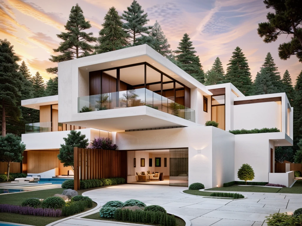 The MODERN HOUSE is located on the upper hill, (curly pathway in front of the house), white wall, concrete, glass windows, wood ceilings, (lighting in the garden), ((big front yard)), court outside, rocky, in the middle Fall of pine forest, ((SUNSET))