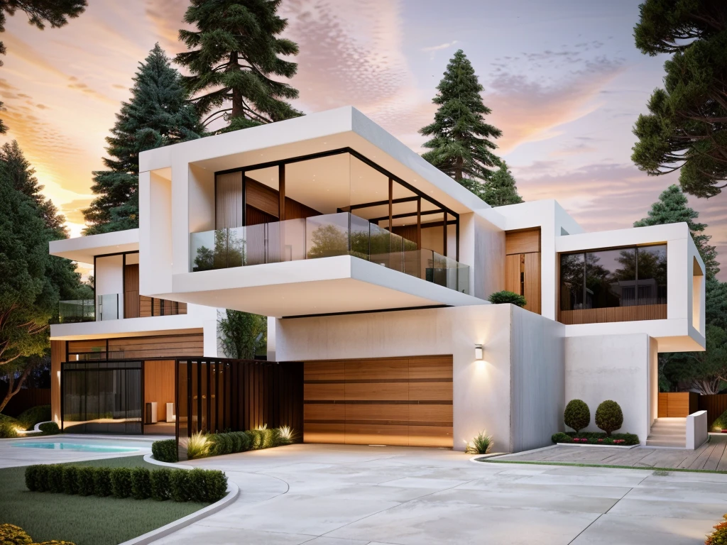 The MODERN HOUSE is located on the upper hill, (curly pathway in front of the house), white wall, concrete, glass windows, wood ceilings, (lighting in the garden), ((big front yard)), court outside, rocky, in the middle Fall of pine forest, ((SUNSET))