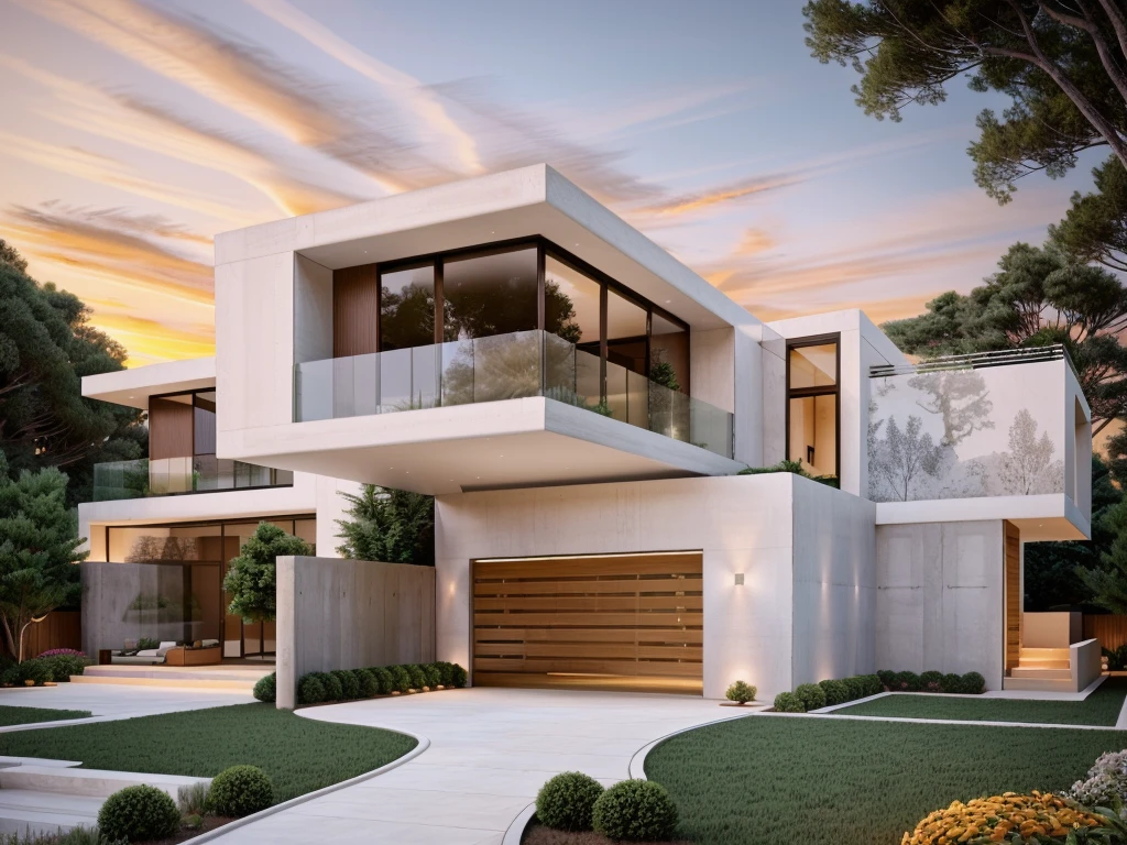 The MODERN HOUSE is located on the upper hill, (curly pathway in front of the house), white wall, concrete, glass windows, wood ceilings, (lighting in the garden), ((big front yard)), court outside, rocky, in the middle Fall of pine forest, ((SUNSET))