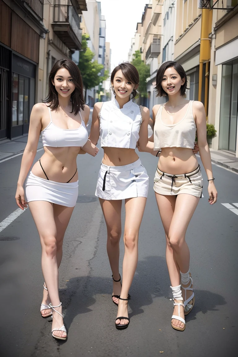 (meilleure qualité, chef d'œuvre, photo-réaliste, Super détaillé, Ultra haute résolution, brut), (3 filles, photo de groupe:1.3), Beau, Japonais, sourire, frange, double paupières, (Gros seins:1.3), (cheveux longs| Medium cheveux longs| cheveux courts), (Taille basseXL, Taille basse XL, aine), (caraco court), jean skinny, nombril, (chaussettes blanches, De belles longues jambes, tout le corps), rue principale, par le bas, (Mannequin posant)