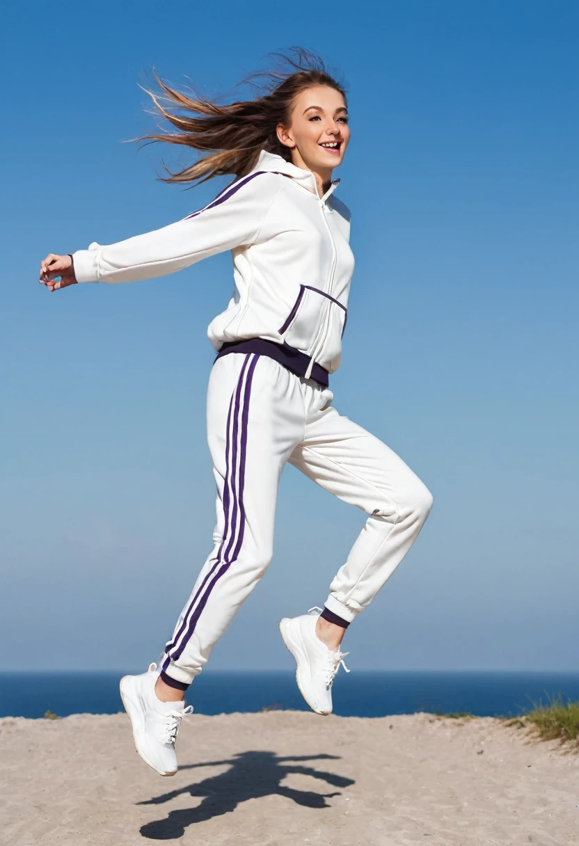 European girl in a tracksuit jumping