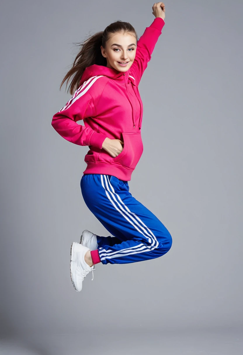 European girl in a tracksuit jumping