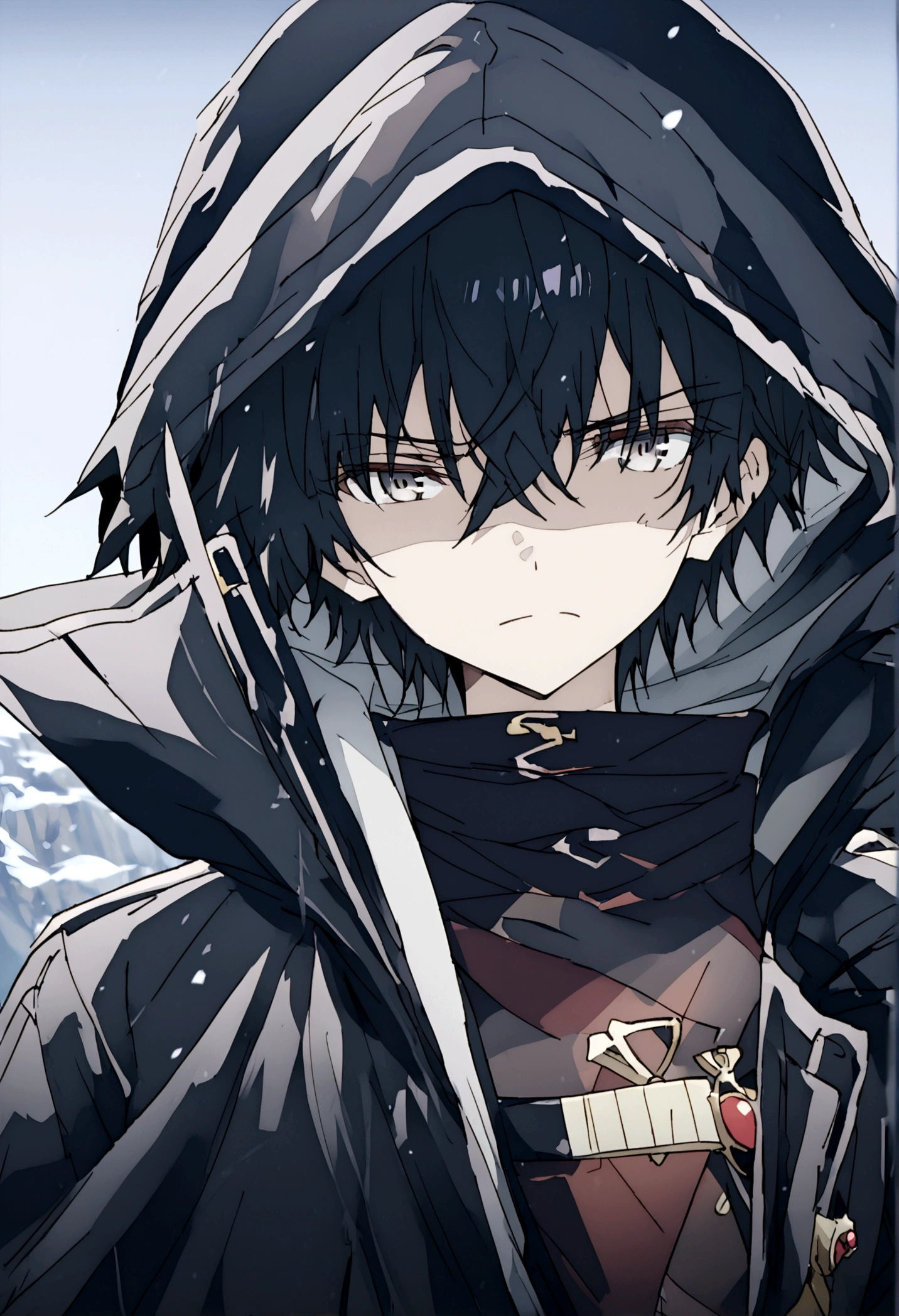 Anime male, black hair, white eyes, black clothing, tired face expression, best quality, wise, cold-hearted, cool, solo, black hood on, black cloak, black bandages covering right eye, closed left eye