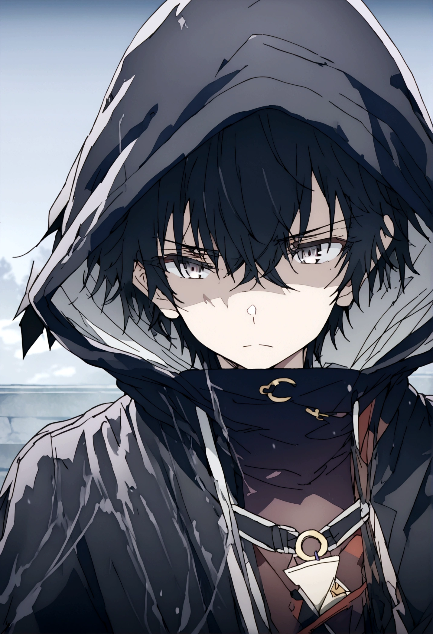 Anime male, black hair, white eyes, black clothing, tired face expression, best quality, wise, cold-hearted, cool, solo, black hood on, black cloak, black bandages covering right eye, closed left eye