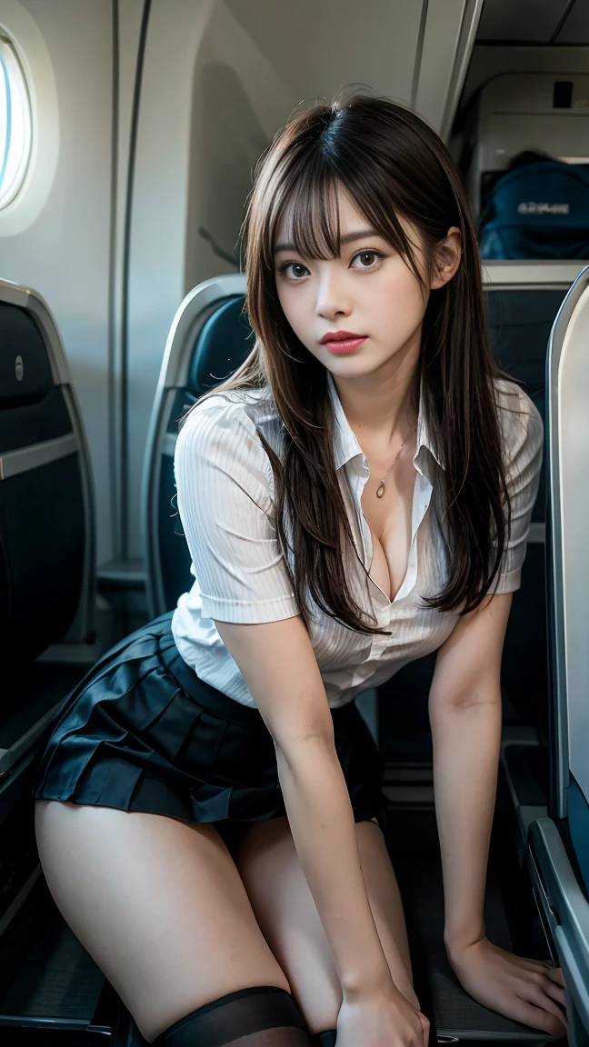 Highest quality, masterpiece, 8K, Ultra-high resolution, (Photorealistic:1.4), One Girl、Beautiful Face、Symmetrical eyes、huge 、Perfect Body Proportions、((Cabin attendantの制服))、Look at the viewers、(Inside the plane:1.2)、View from the front、shoulder、((Angle from below、View from below))、Thigh Emphasis、Cleavage、Seductive pose、that,Cabin attendant、Slender Body、Neck scarf、Under the skirt、Panties under skirt
