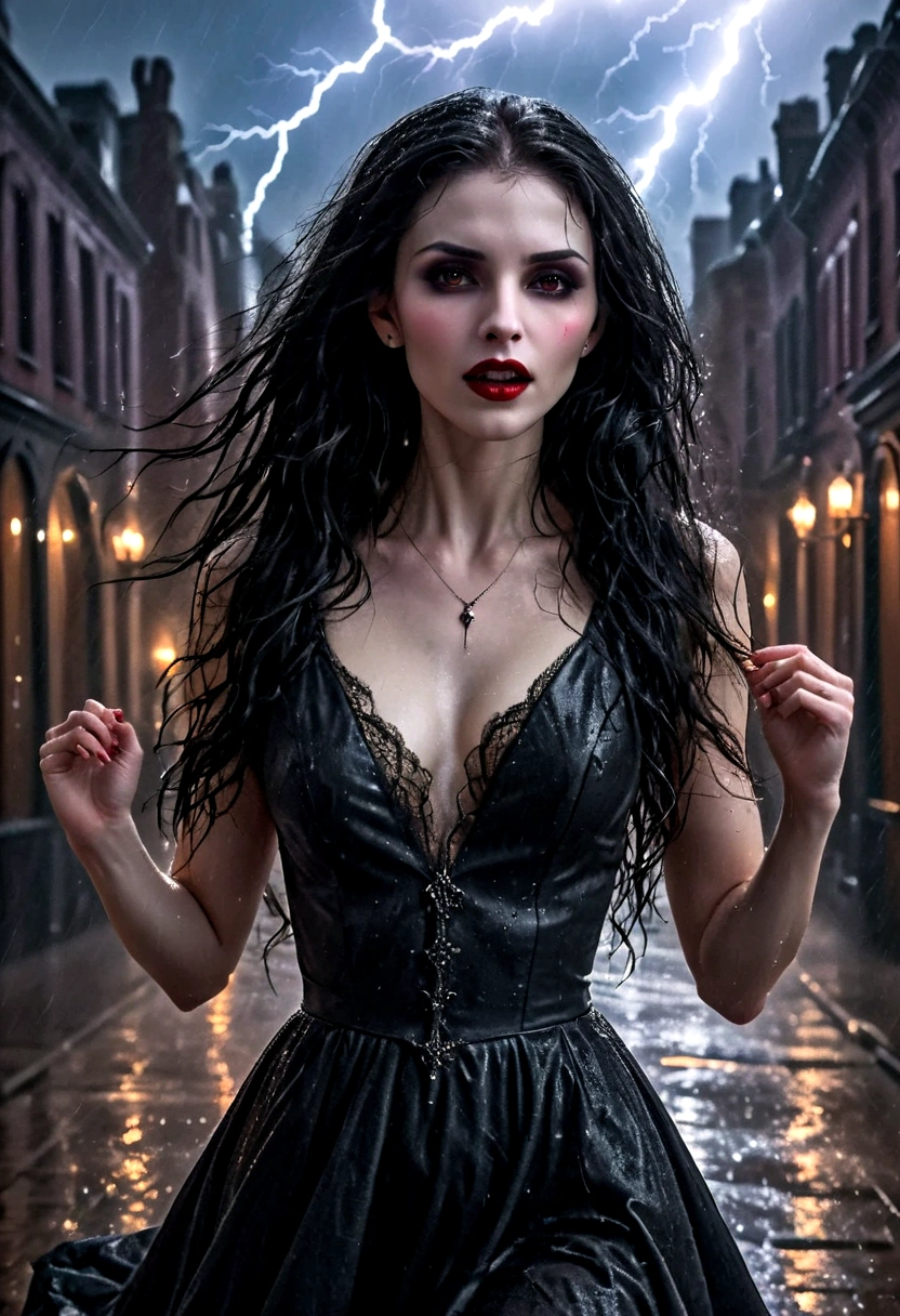 a female vampire (dancing: 1.3) in the rain during lightning storm, goth art, dark fantasy art, glamours (vampire: 1.5) model shot, RAW, award winning picture of a female vampire, dynamic hair color, dynamic hair style, pale skin, full body, busty woman, (most beautiful face: 1.3), (ultra detailed face: 1.2), long hair, wavy hair, pale skin, wearing lace dress, wet dress, dynamic color, dynamic style dress, (intense detailed dress: 1.3), wearing intricate high heels, light make up, modern day high society street in a (lightning: 1.3) storm heavy rain, sense of glorified sensation in the storm, (anatomically correct: 1.4),  picture taken from dynamic range, vibrant, Ultra-high resolution, High Contrast, (masterpiece:1.5), highest quality, Best aesthetics), best details, best quality, highres, ultra wide angle, 16k, [ultra detailed], masterpiece, best quality, (extremely detailed), Intense Gaze, goth person, dark person