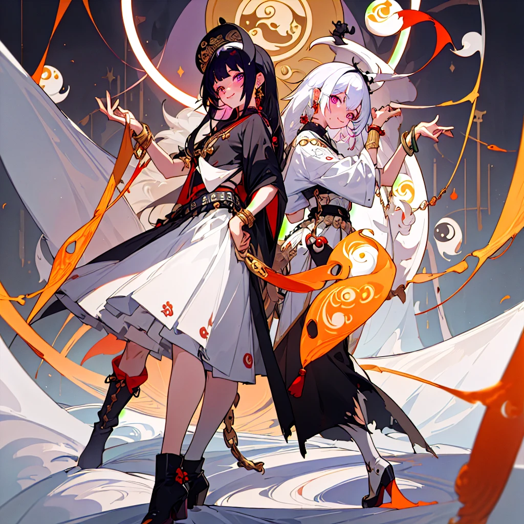 ((masterpiece)),(((best quality))),(character design sheet, same character, front, side, back), jirai kei, full body, character sheet, hand on own hip, long hair, harajuku, punk fashion, moonlight, purple eyes, knee boots, torn skirt, audience, inviting, standing, Department store, ecstasy, blush, smile, piercings, black hair, octagonal yin yang mirror, pillars of fire, 1 boy, femboy, runes, gold decoration, earrings, chains, bracelets, yin yang, belts, tassel, beautiful art, depth of field, high res, perfect face, detailed outfit