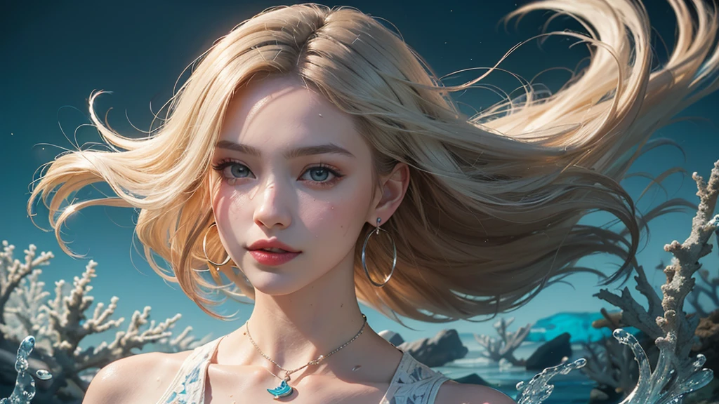 （Highest quality real textured skin),(Abysmal),(Are you okay, round, Symmetrical eyes),Delicate facial features,(Burning bright cold eyes),(She has a mischievous smile),(Her face is kind and beautiful),Glass earrings in the ears,,(Blonde),(Silvery white hair),(Chestnut Hair),(Swim at the bottom of the ocean)，(Full body portrait:1.5),(Dramatic Photos:1.4),(Dramatic Pose),(Flashy photos)(Look up),(Look down),(Around her neck is a simple necklace made with exquisite craftsmanship.),Cluttered picture，(Hair flowing in the water:1.5),(In the water, Life at sea, 美しいCoral Reef, fish),(Background vortices and currents),(Dramatic Light),(Nice views),(美しいfishに囲まれて),遠くの背景にはCoral Reefに沈んだ寺院が見える,Coral Reef,Spectacular realism,Cinematic feel,(High-density image review:1.5),(Soft colors:1.2),Super detailed,Dramatic Light,(Intricate details:1.1),Complex background,