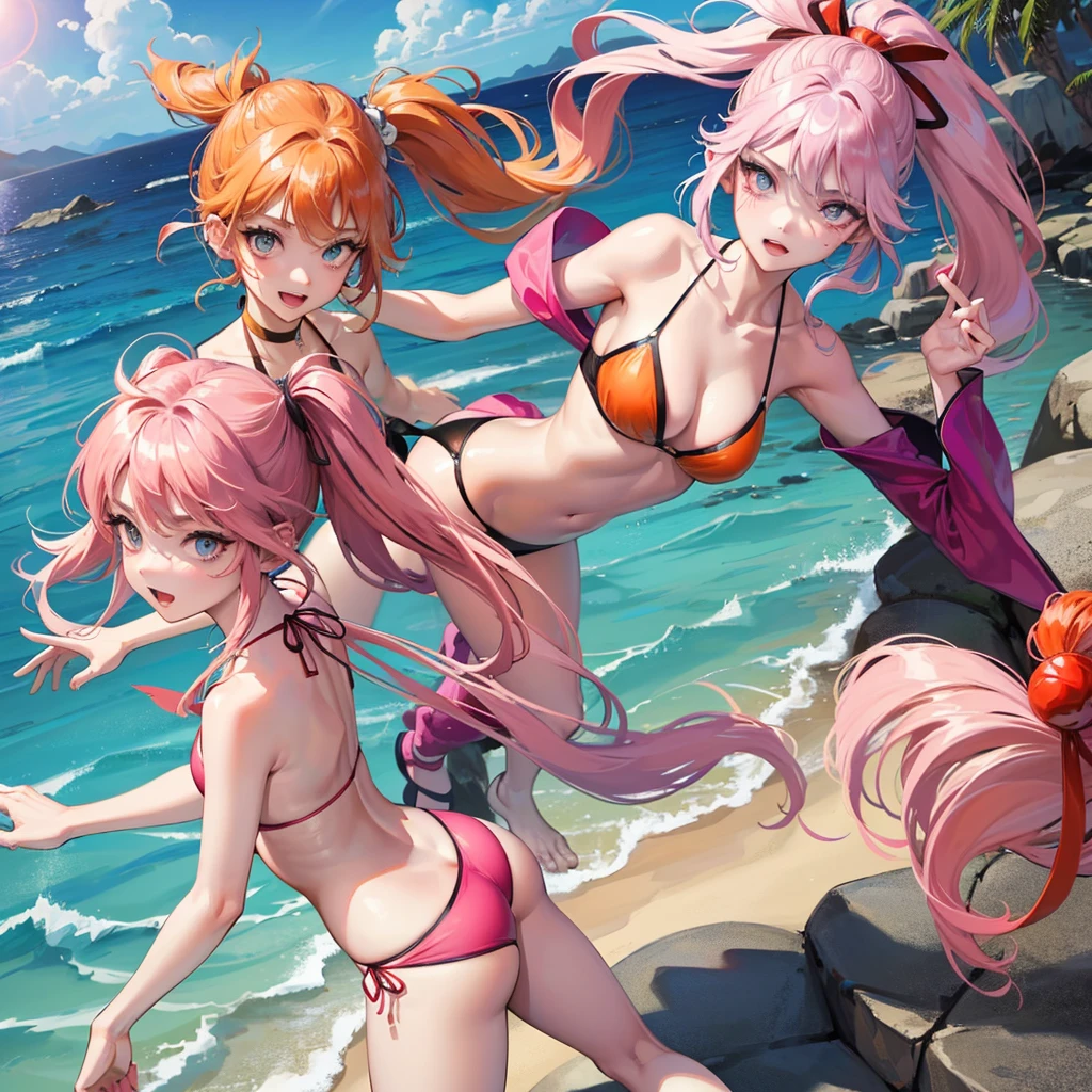 pretty Japanese female agers One with orange hair with Japanese standing hair hairstyle, with a ponytail with a red bow, light green eyes, pink bikini with cherries with green rays, along with another girl with long white hair with hot pink streaks around it, golden eyes, white bikini with pink flames, along with another girl with long purple hair, Japanese shaggy pixie hairstyle, sky blue eyes, purple bikini, and along with another girl with cocoa brown hair, a long hairstyle and hair standing on the left side., navy blue eyes, navy blue iced bikini, looking daring posing, outside a beach pool