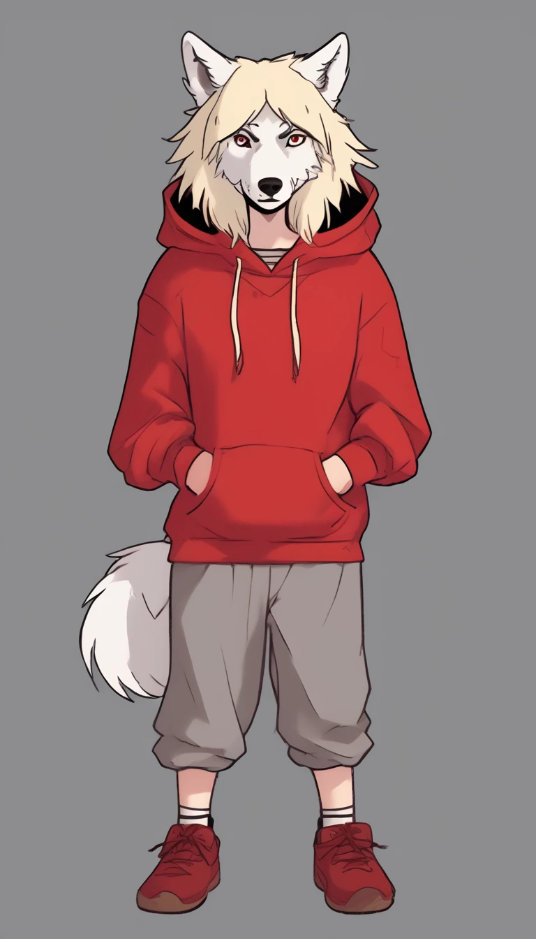 score_9, score_8_up, (clear simple background, white background, papyrus background), ((adult))
(girl:1.2), _young, lagre_breasts , smug face, Serious face expression, whore_makeup,  tribal makeup, solo, (blond hair, red hoody, , female), (wearing grey wolf hide, grey colored wolf head cap:1.2), (fullbody, tattoos, curvey bode, cute face, focus), beautiful, 