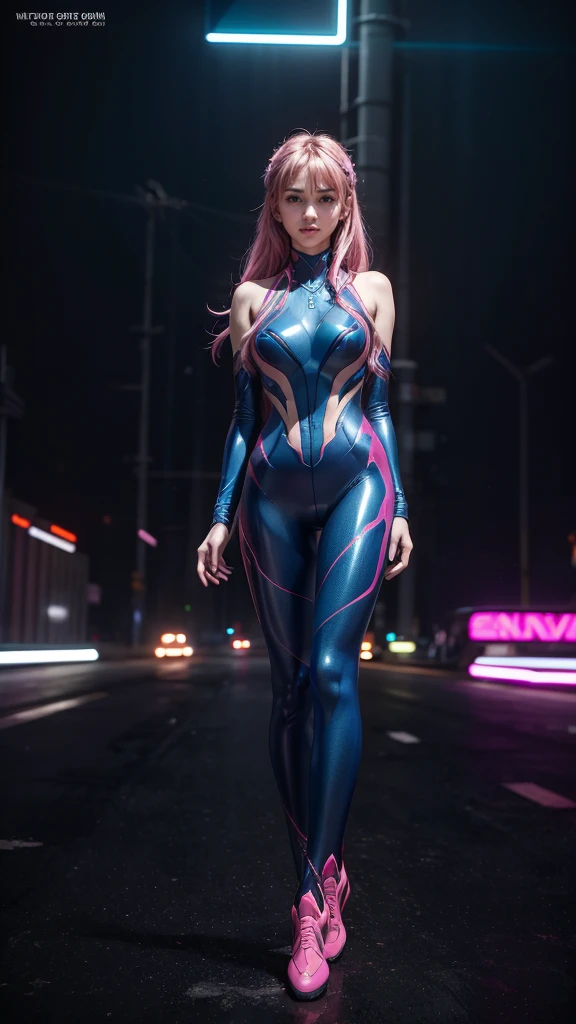 (masterpiece), (best quality), (ultra detailed), (epic lights reflections), awards winning photography, glowing, luminous neon lights, 1girl, blue eyes, pink hair, full makeups, red lips, fit body hair blown by strong winds, ((wearing Neon Genesis Evangelion armor)), very tight, tron, hair blown by winds, ((full body)), symmetrical pose, model posing in the middle,