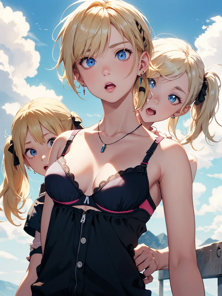 Absurd, Very detailed,Bright colors, Very beautiful and detailed anime faces and eyes, Look straight, ;d, Shiny_skin,Age 25, short hair, , Asymmetrical bangs, (Blonde short twin tails:1.4),(I wear clothes:1.7),(Bra very:1.4),Shiny hair, Delicate and beautiful face,(surprised:1.7) ,blush、blue eyes, White skin, Valletta, Earrings, necklace,(Brown sleeveless:1.2), Beautiful Clouds, Twilight Sky,