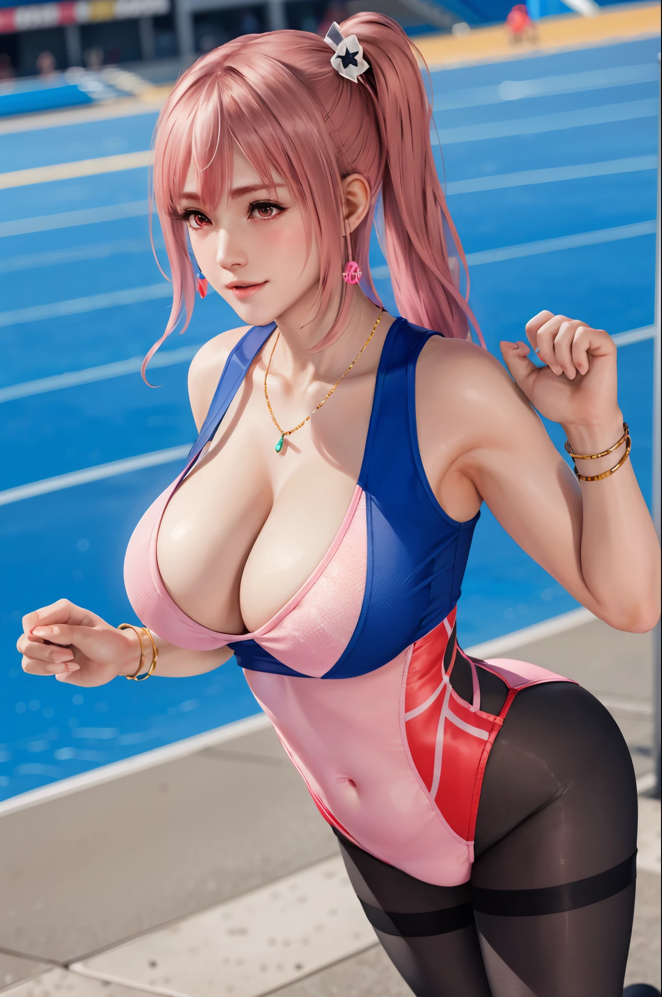 Honoka, stadium,playground,Sportswear,Pink Hair,Huge breasts,Cleavage,Low-cut,Lovely,necklace,earrings,Sportswear,Shy,Lovely,Gymnastics服,Gymnastics,Tights,Coverall,