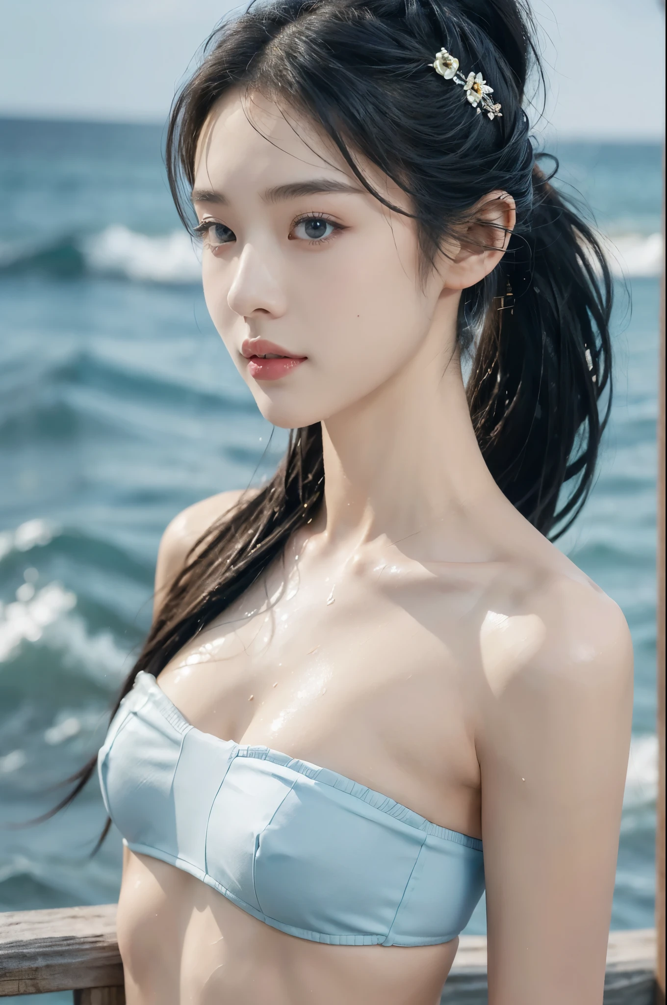 "(((best quality))), (((ultra detailed))), (((masterpiece))), illustration,((1 beautiful young girl,solo)),((slim,thin)),(strapless vibrant floral bra:1.3),((small breasts,flat chest)),(short ponytail:1.2),((shiny skin,sweat,wet)),seaside, summer, joyful, playful, physical features, smooth fair skin, gentle sea breeze, endless azure sky, picturesque backdrop, whiteness of sand, deep blues of the sea, waves crashing, internal turmoil, transformation, standing on the cusp of womanhood, confidence, sexuality, metaphorical plunge, next chapter of life,significance of the moment, beauty of the seaside, celebration of youth, excitement of summer ahead,((from front,close-up of face))