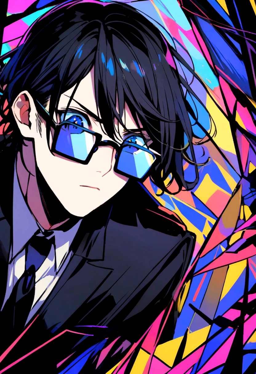 Young man with shoulder-length black hair wearing black and blue square glasses,  wearing a black tuxedo