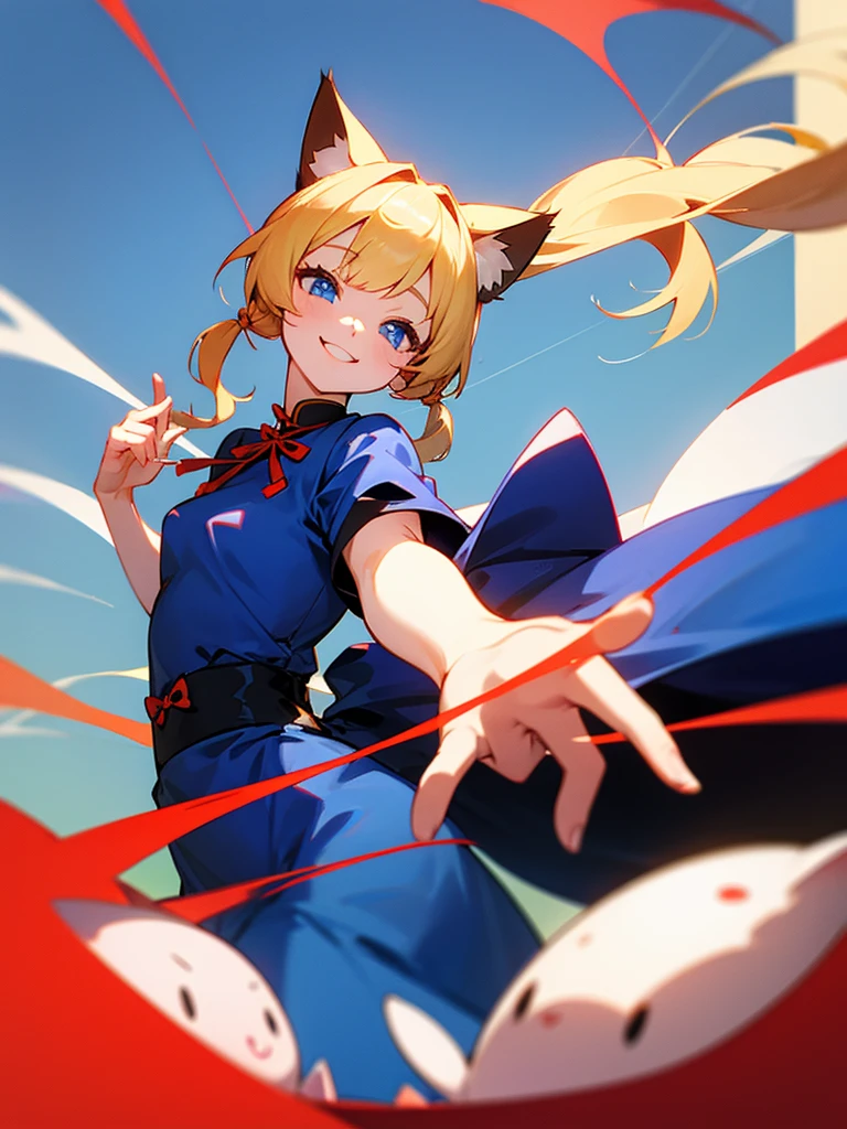 Cat ears Chinese pigtails Blonde hair Red and blue dress Reaching out Smiling