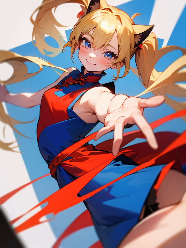 Cat ears Chinese pigtails Blonde hair Red and blue dress Reaching out Smiling