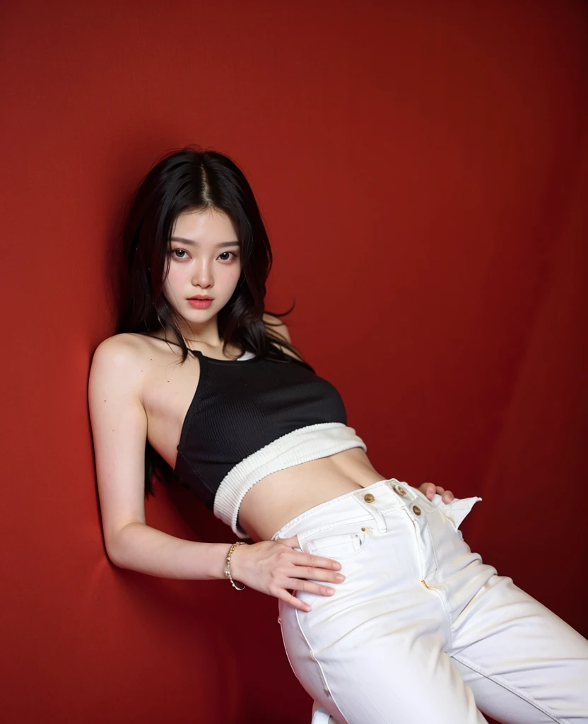 Cool beauty,Looks sweet. Wearing white tanktop, denim pants, natural big breast, plump body, big thigh. Black pants. Red background.
