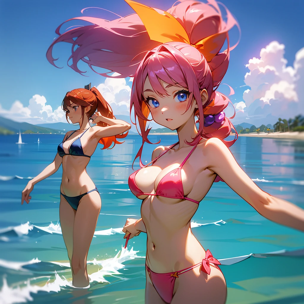 Four pretty Japanese female agers One with orange hair with Japanese standing hair hairstyle, with a ponytail with a red bow, light green eyes, pink bikini with cherries with green rays, along with another girl with long white hair with hot pink streaks around it, golden eyes, white bikini with pink flames, along with another girl with long purple hair, Japanese shaggy pixie hairstyle, sky blue eyes, purple bikini, and along with another girl with cocoa brown hair, a long hairstyle and hair standing on the left side., navy blue eyes, navy blue iced bikini, looking daring posing, outside a beach pool