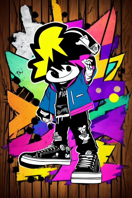 A background filled with scattered musical notes in various sizes and colors
A background completely filled with scattered sneaker in various sizes and colors, covering the entire screen.
colorful image
Maintain this character, Maintain this character,
Punking
Written by "Music for LIFE" on the wood board
black medium hair black medium hair
Five fingers Baggy clothes Baggy clothes