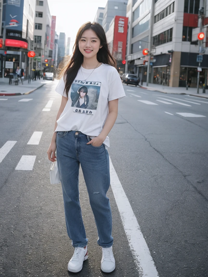 Realistic,score_9, score_8_Excellent, score_7_Excellent, 1人of女性（40s:2.0）,alone,Tie long hair to the side,From before,Face Focus,(View your viewers:1.2),A kind smile（Laugh with your mouth closed:1.2）,Full body portrait(Medium:1.2),bright,Polaroid,(depth_of_Field:1.5),晴れof日,Outdoor,street,目of間of毛,Moody lighting,Lens flare,Available Light,Rim Light,Shining neon lights,Curvy,Standing posture(standing on street corner:1.5),Ｔshirt(Plain:1.7),Ｔshirtをウエストに入れない,Blue Jeans,日本of女性