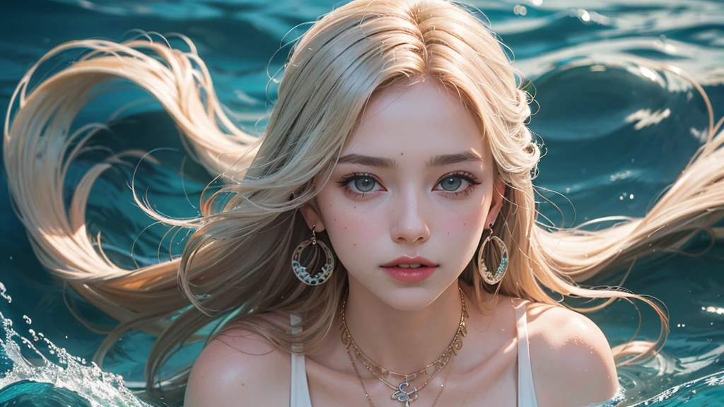(Highest quality real textured skin),(Abysmal),(Are you okay, round, Symmetrical eyes),Delicate facial features,(Burning bright cold eyes),(She has a mischievous smile),(Her face is kind and beautiful),Glass earrings in the ears,,(Blonde),(Silvery white hair),(Chestnut Hair),(Swim at the bottom of the ocean),(Full body portrait:1.5),(Dramatic Photos:1.4),(Dramatic Pose),(Flashy photos)(Look up),(Look down),(Around her neck is a simple necklace made with exquisite craftsmanship.),Cluttered picture,(Hair flowing in the water:1.5),(In the water, Life at sea, 美しいCoral Reef, fish),(Background vortices and currents),(Dramatic Light),(Nice views),(美しいfishに囲まれて),遠くの背景にはCoral Reefに沈んだ寺院が見える,Coral Reef,Spectacular realism,Cinematic feel,(High-density image review:1.5),(Soft colors:1.2),Super detailed,Dramatic Light,(Intricate details:1.1),Complex background,