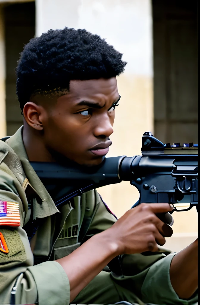 Multiple black men,20th Generation,Black Hair,Dark Skin,Army Corps,With an assault rifle,U.S. military bases,Crew cut,Serious face,military,Cowboy Shot,