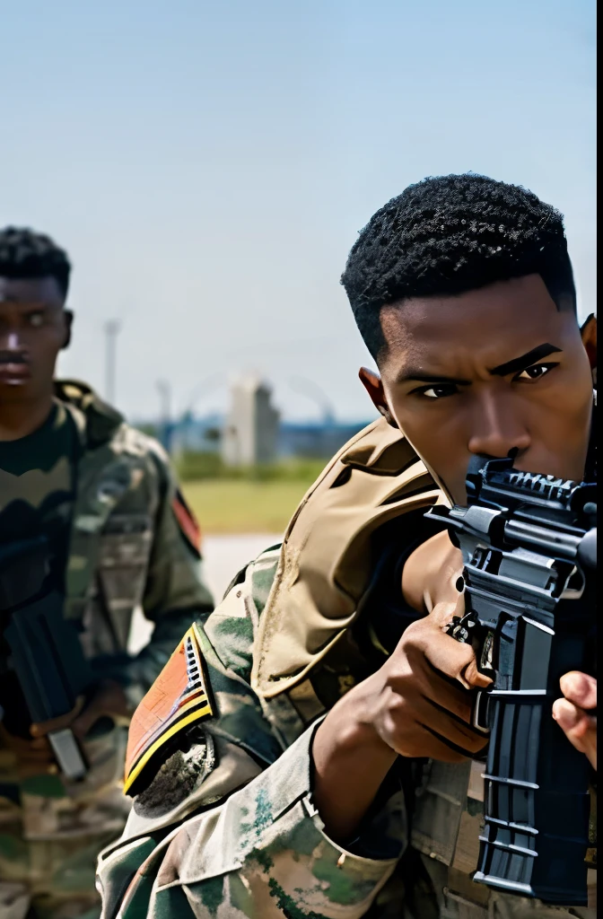 Multiple black men,20th Generation,Black Hair,Dark Skin,Army Corps,With an assault rifle,U.S. military bases,Crew cut,Serious face,military,Cowboy Shot,