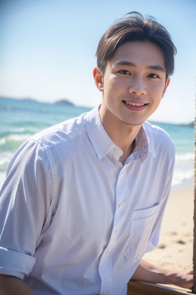 ((Highest quality, 8K, Masterpiece: 1.3))、Thailand Laos Burma Asia, Thai man, A handsome Asian rugby player with short hair, a muscular beard, and big muscles., 1A man who has、 yo、Good appearance、Beautiful nose、smile、 Detailed eyes and face、beautiful light、(studio)、high resolution、(Look at the viewer.)、Fine mouth、smile、whole body: 1.5, perfect shape: 1.3, looking at camera ,White on-down shirt , seaside beach sunshine looking at the sea