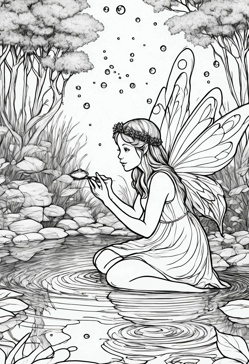 A fairy playing with her reflection in a crystal-clear forest pond. clean line art, white background, colouring page, clean outline