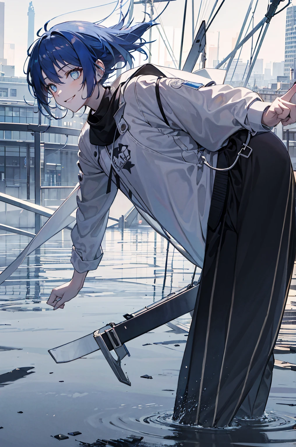 Beautiful masterpiece, best quality, Illustration style,
bridge_Ark of Tomorrow,bust,Smile, Anime Girl, beautiful eyes, summer, Wide leg pants, sunglasses,small, Heartwarming, Youthful and beautiful,, black and white,, showing a natural casual style. Dynamic posture contains the golden ratio, Large aperture portrait, White space, Strong contrast between light and shadow, Super texture, Super clear and concise pictures, presenting extremely beautiful, Elegant temperament, Subtle facial expressions, City background, rain, Road area water reflection,There is one,There is onehead,one person
