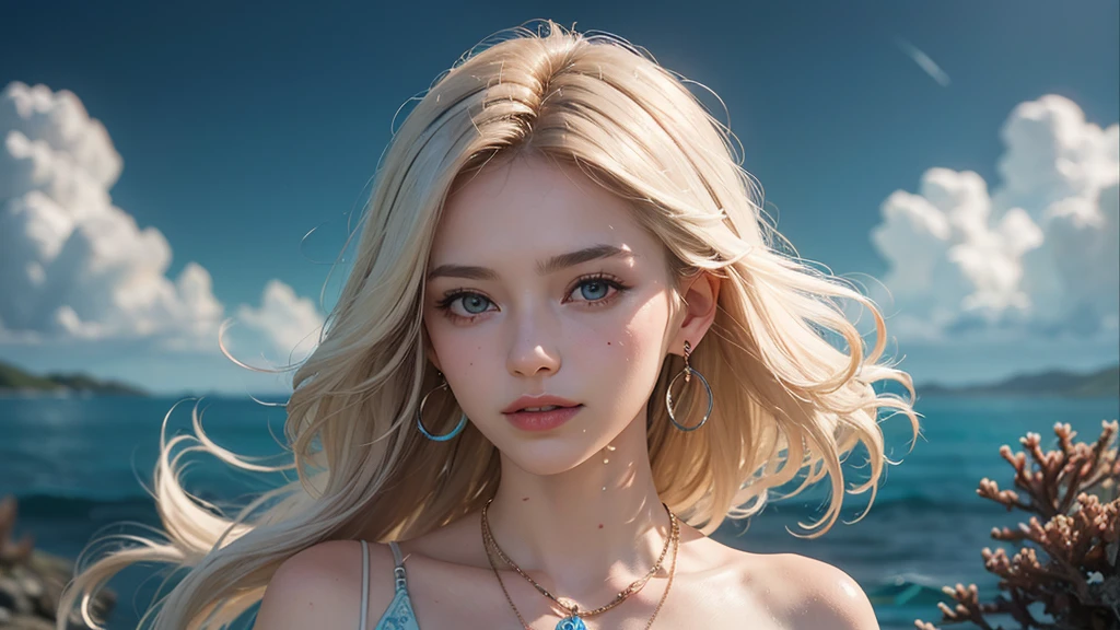 (Highest quality real textured skin),(Abysmal),(Are you okay, round, Symmetrical eyes),Delicate facial features,(Burning bright cold eyes),(She has a mischievous smile),(Her face is kind and beautiful),Glass earrings in the ears,,(Blonde),(Silvery white hair),(Chestnut Hair),(Swim at the bottom of the ocean),(Full body portrait:1.5),(Dramatic Photos:1.4),(Dramatic Pose),(Flashy photos)(Look up),(Look down),(Around her neck is a simple necklace made with exquisite craftsmanship.),Cluttered picture,(Hair flowing in the water:1.5),(In the water, Life at sea, 美しいCoral Reef, fish),(Background vortices and currents),(Dramatic Light),(Nice views),(美しいfishに囲まれて),遠くの背景にはCoral Reefに沈んだ寺院が見える,Coral Reef,Spectacular realism,Cinematic feel,(High-density image review:1.5),(Soft colors:1.2),Super detailed,Dramatic Light,(Intricate details:1.1),Complex background,
